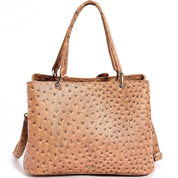 NEW!!! 3D Bow Vegan Leather 3-Way Wear Ostrich Beige Satchel, Crossbody Shoulder - Picture 8 of 13